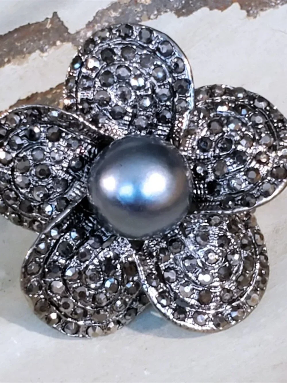 Bold Statement Gunmetal Black Gray Crystal Flower Adjustable Cocktail Ring